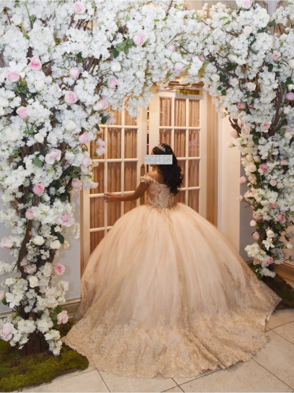Gold Lace Sweet Sixteen/ Quinceañera Dress with Off-Shoulder Bodice